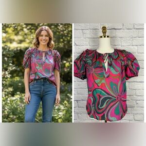 Olivaceous Retro Floral Print 100% Cotton Top Ruffle Puff Sleeve size S